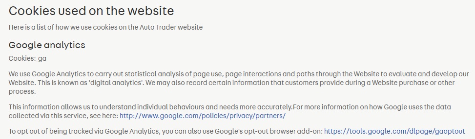 Auto Trader UK Cookie Policy: Google Analytics clause