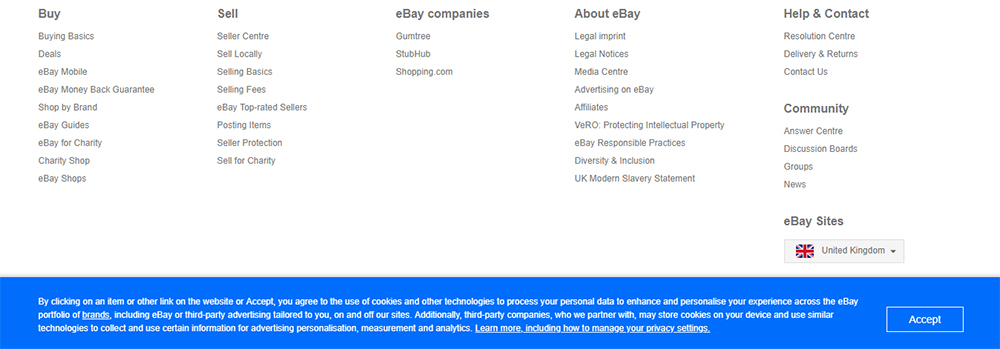 eBay UK Cookie Notice in footer