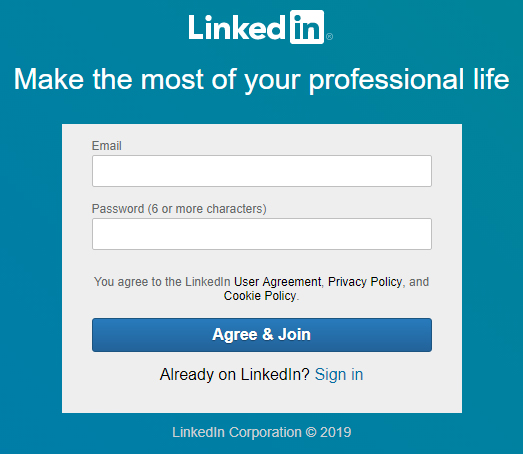 LinkedIn Sign-Up Form with Policy links and Agree button
