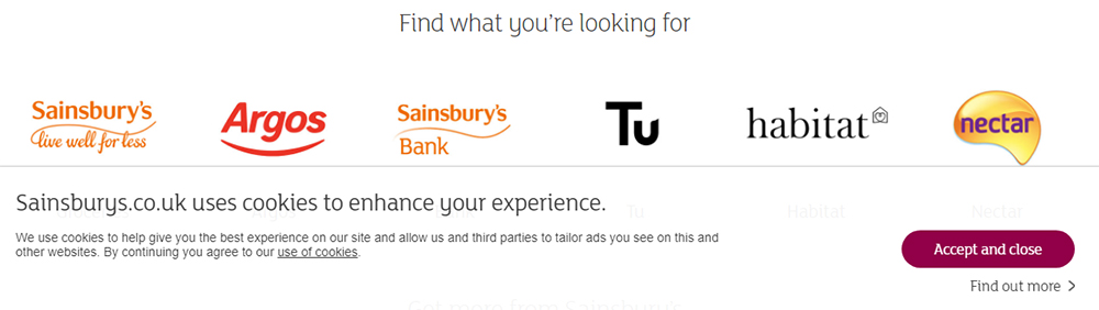 Sainsbury's Cookie Notice in footer