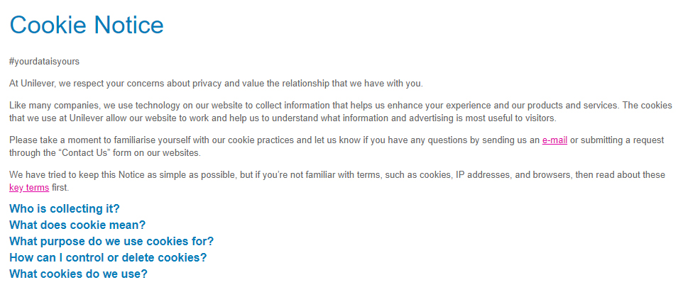 Screenshot of Unilever's Cookie Notice page
