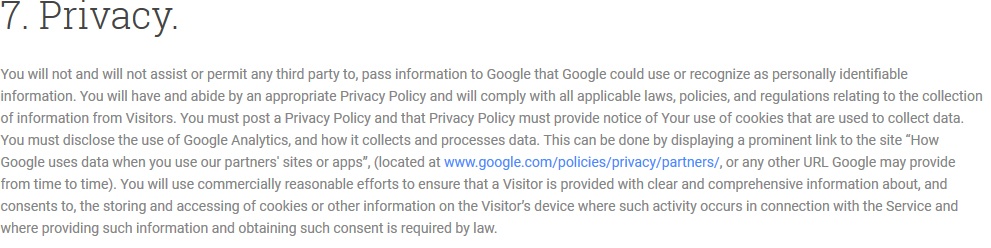 Google Analytics Terms of Service Privacy clause excerpt