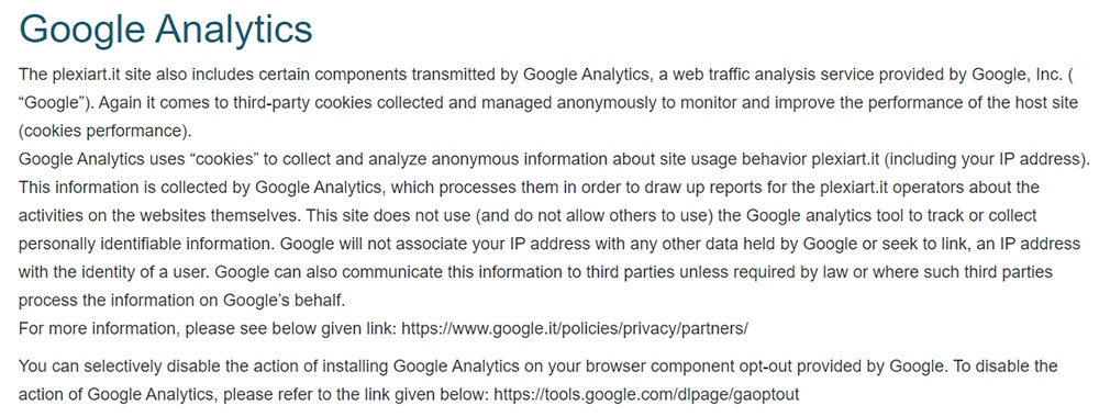 Plexiart Cookies EU Law Policy: Google Analytics clause