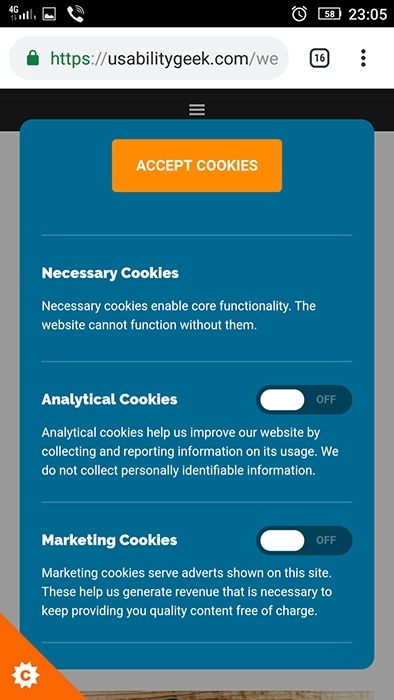 UsabilityGeek Cookies Notice with settings for consent