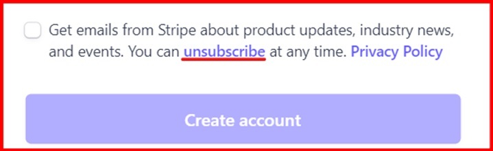 Stripe email sign-up with unsubscribe highlighted