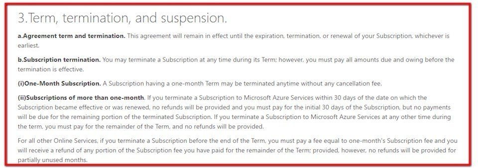 Microsoft Azure: Refunds on subscription termination