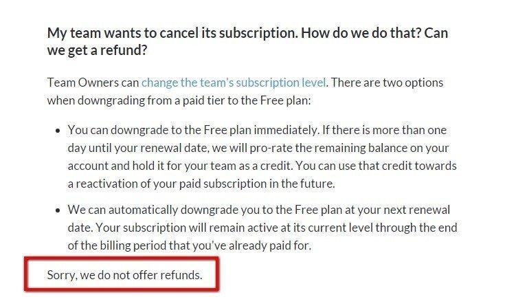 Slack Help Center: No refunds section