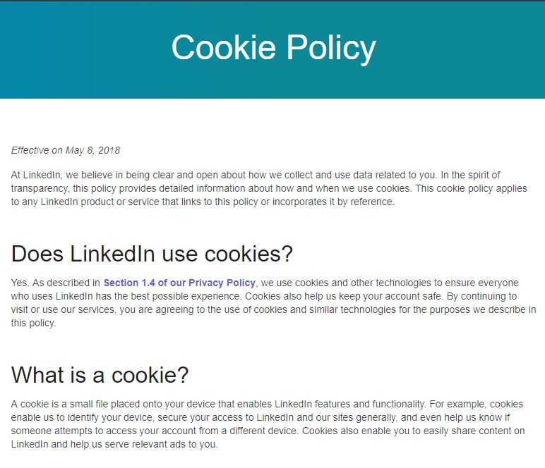LinkedIn Cookies Policy: Excerpt of Intro clauses
