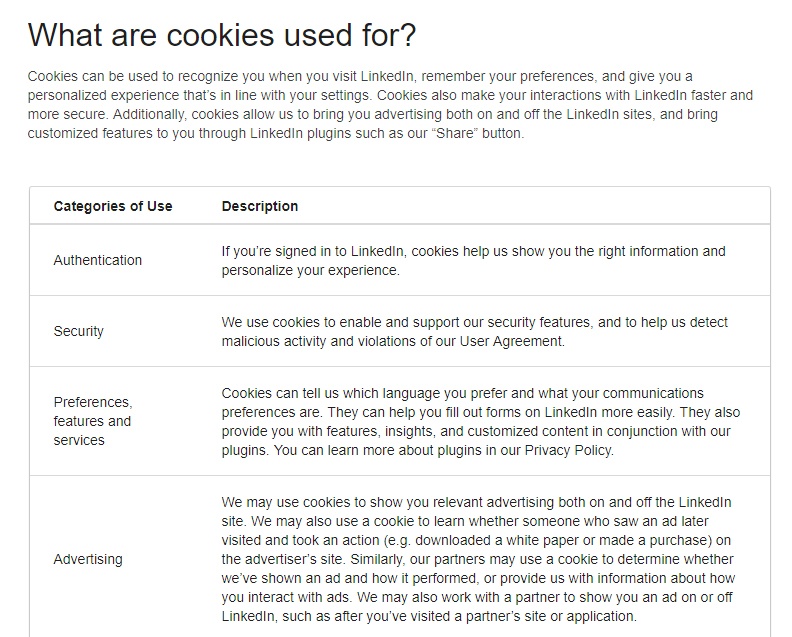 LinkedIn Cookies Policy: Excerpt of what cookies are used for chart