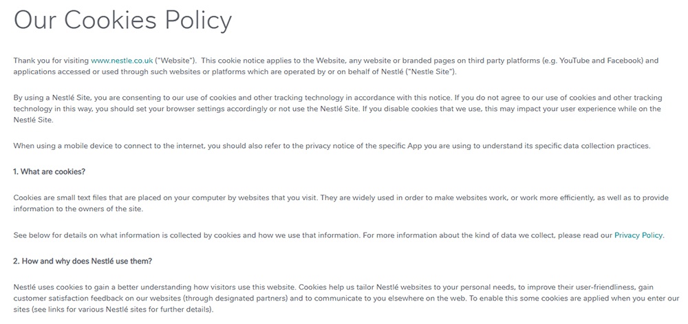 Nestle Cookies Policy: Excerpt of intro clauses