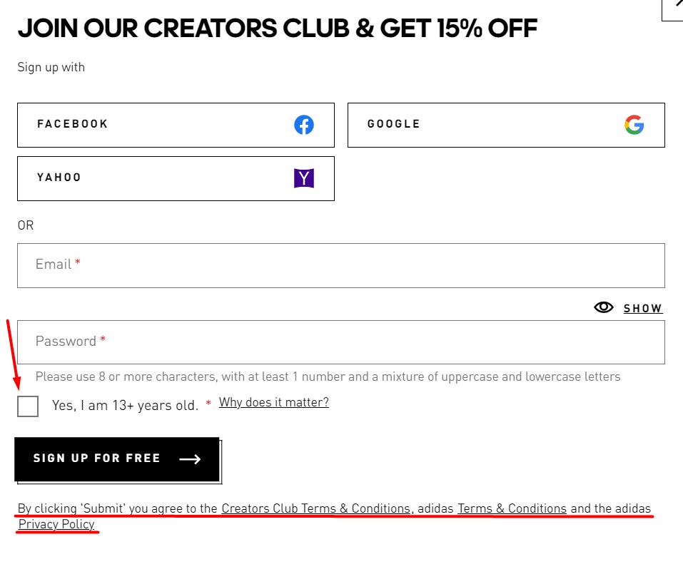 Adidas sign-up form with consent box and browsewrap statement highlighted