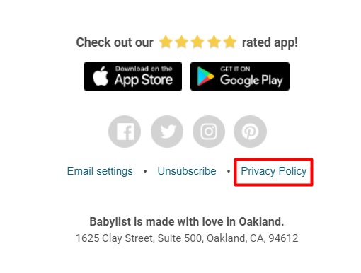 Babylist email footer with Privacy Policy link highlighted
