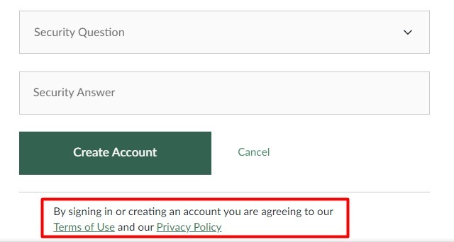 Barnes and Noble Create Account form with Terms of Use and Privacy Policy links highlighted