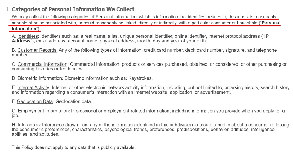 Blick Art Materials Privacy Policy: Categories of Personal Information We Collect clause