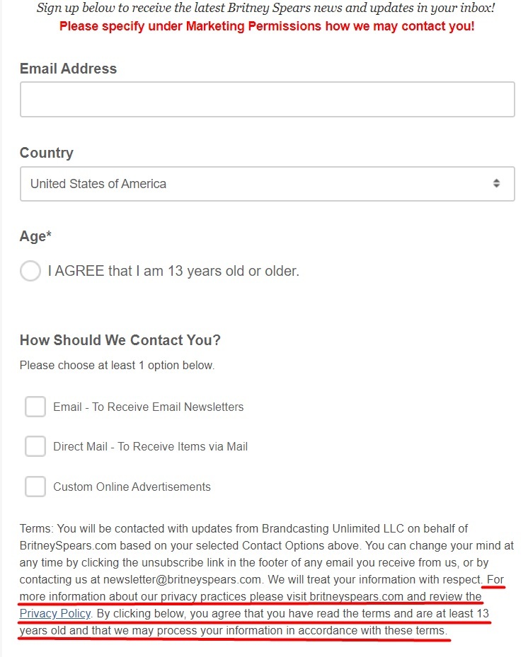 Britney Spears email sign-up form with Privacy Policy link highlighted