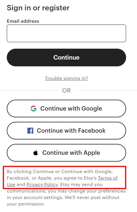 Etsy sign-up form with Terms of Use and Privacy Policy links highlighted