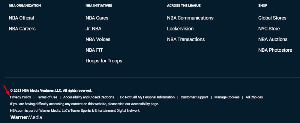 NBA website footer with Privacy Policy link highlighted