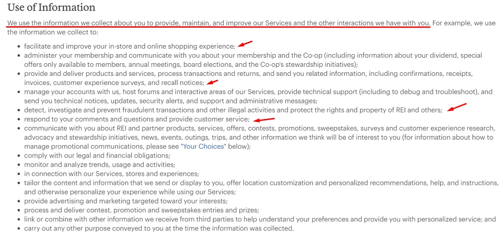 REI Privacy Policy: Use of Information clause