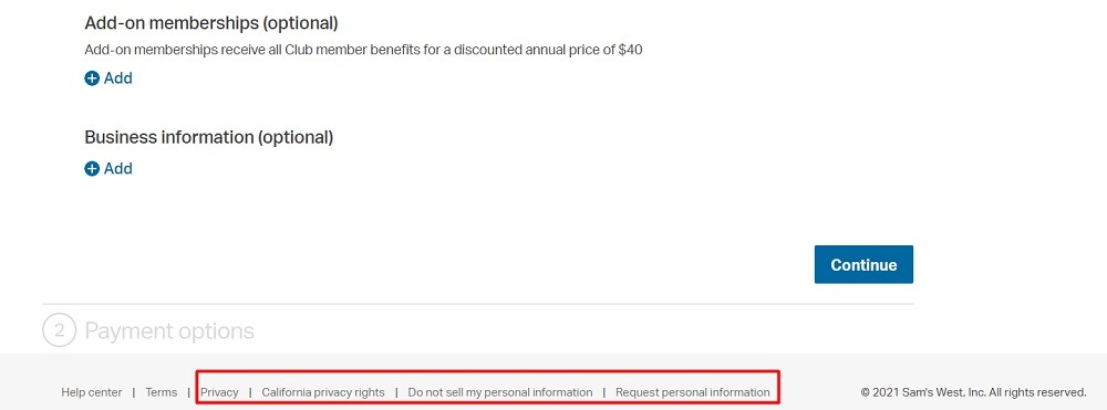 Sams Club sign-up form with privacy links in footer highlighted