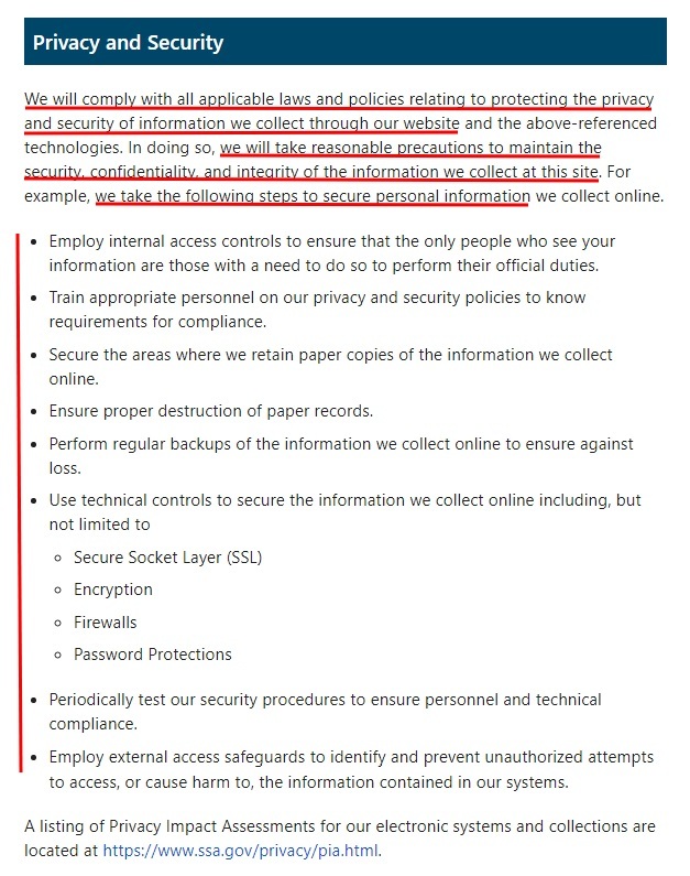 Social Security Administration Privacy Policy: Privacy and Security clause