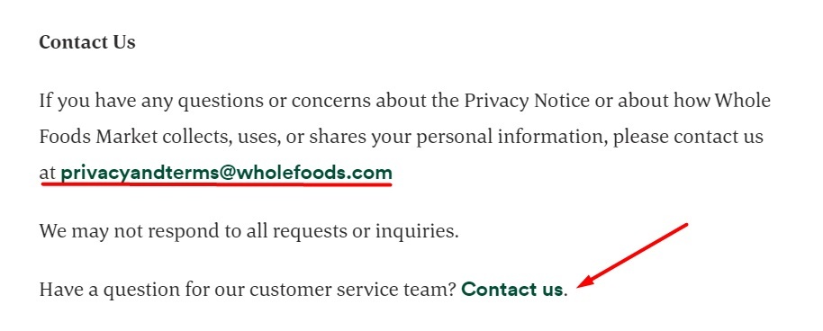Whole Foods Privacy Notice: Contact Us clause